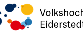 A colorful logo of the Adult Education Center (VHS). It consists of various dots in blue, red, and yellow.